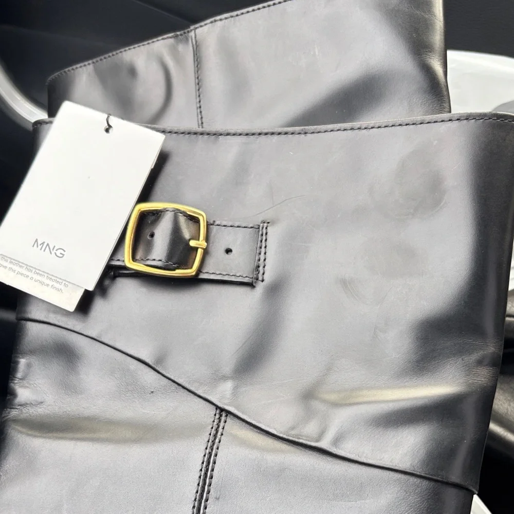 Mango Black Leather Tall Riding Boots with Buckle, new with tags